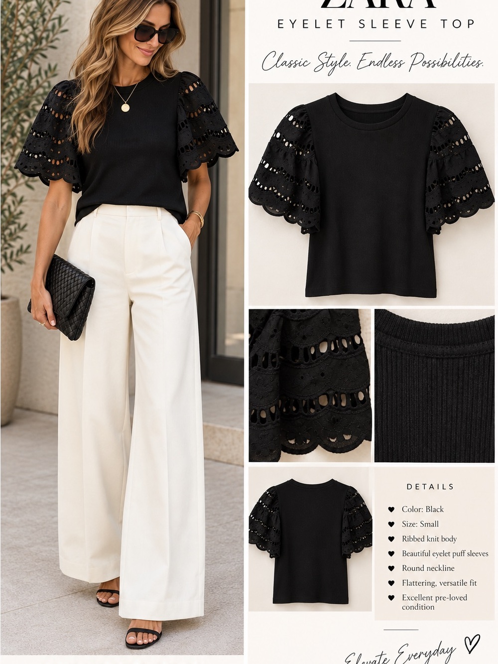Zara Black Eyelet Puff Sleeve Tee